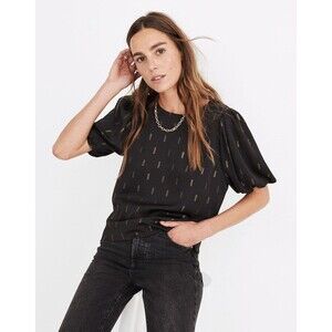 New Madewell Metallic Jacquard Puff-Sleeve Top Blouse Black Gold Size XS